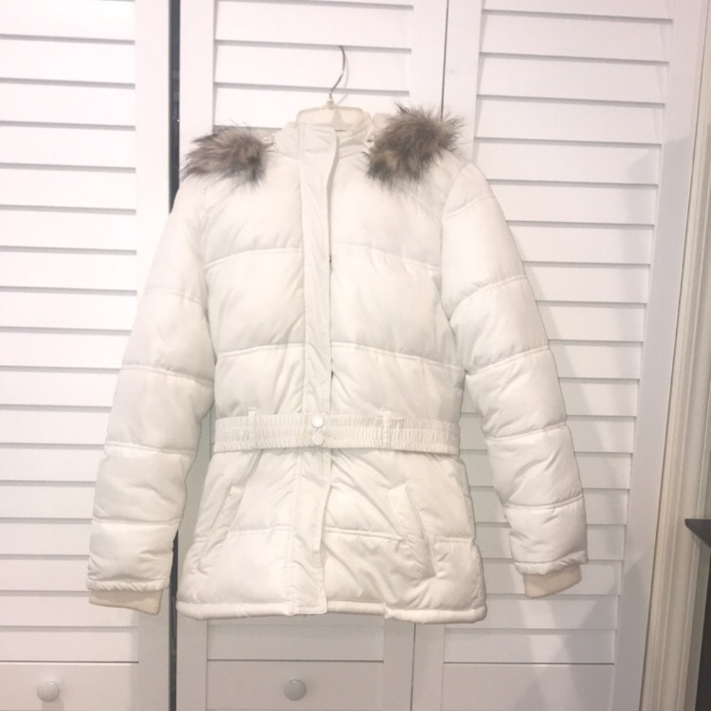 white fluffy jacket